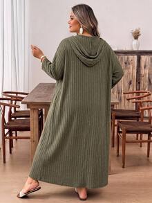 SHEIN CURVE+ فستان طويل بقلنسوة للنساء مقاس كبير 22W، خريف/شتاء - أخضر عسكري - مشاهدة 3