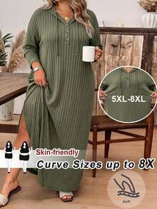 SHEIN CURVE+ فستان طويل بقلنسوة للنساء مقاس كبير 22W، خريف/شتاء - أخضر عسكري - مشاهدة 5