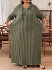 SHEIN CURVE+ فستان طويل بقلنسوة للنساء مقاس كبير 22W، خريف/شتاء - أخضر عسكري - مشاهدة 2