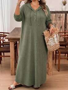 SHEIN CURVE+ فستان طويل بقلنسوة للنساء مقاس كبير 22W، خريف/شتاء - أخضر عسكري - مشاهدة 4