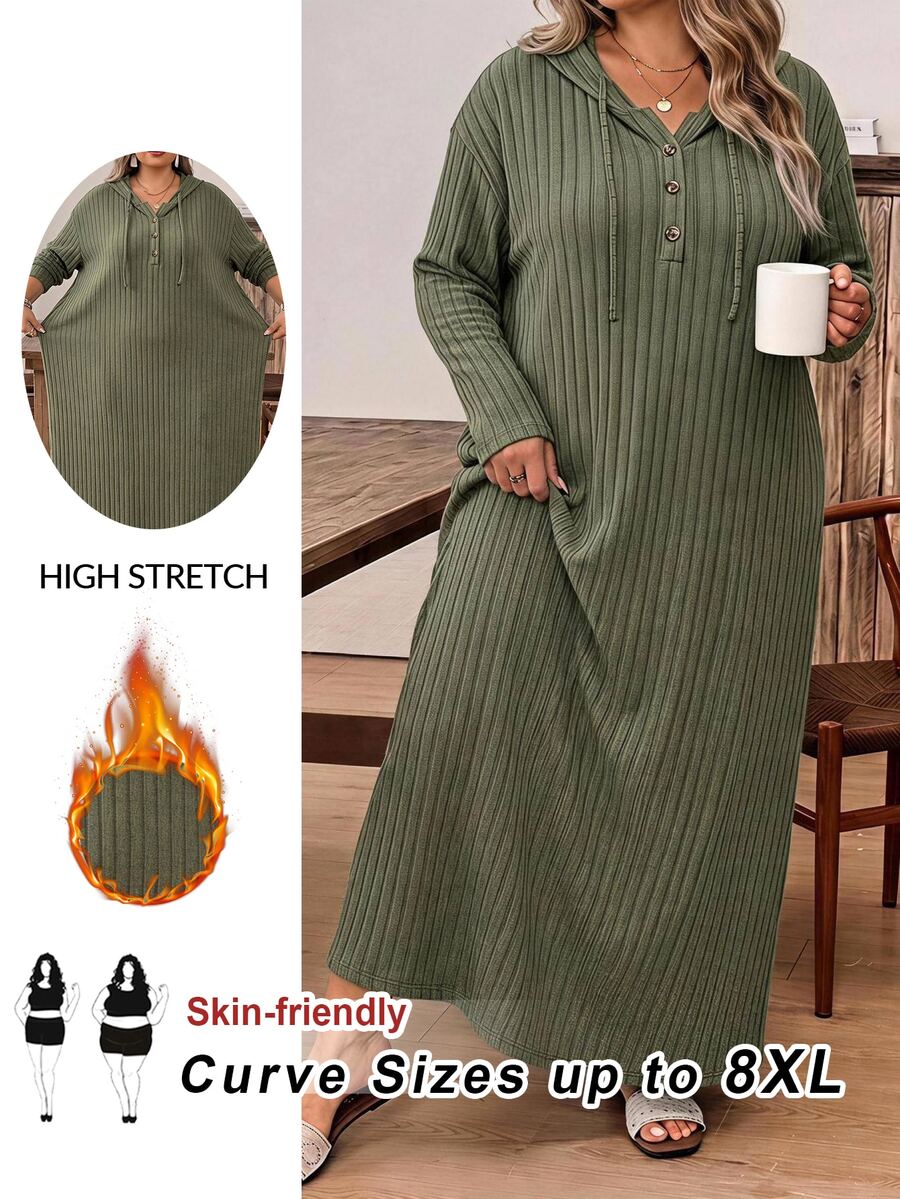 SHEIN CURVE+ فستان طويل بقلنسوة للنساء مقاس كبير 22W، خريف/شتاء - أخضر عسكري - مشاهدة 1