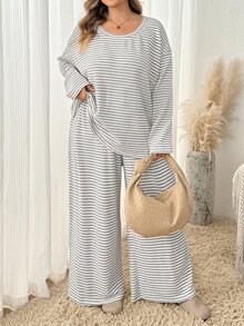 SHEIN CURVE+ 大尺碼條紋長袖上衣與長褲兩件套，休閒度假穿搭，女款秋季休閒套裝 - 杏色 - 查看 3