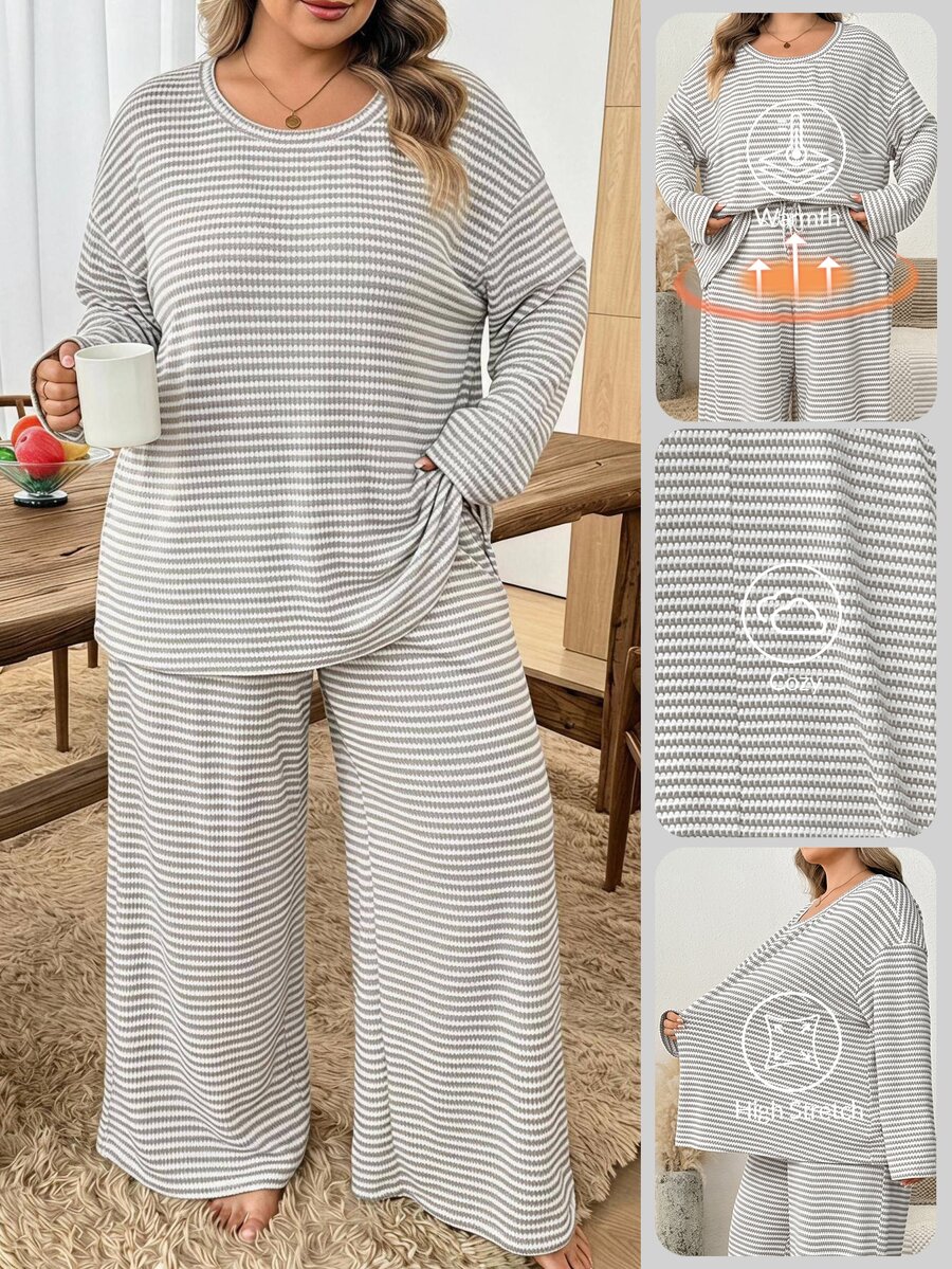 SHEIN CURVE+ 大尺碼條紋長袖上衣與長褲兩件套,休閒度假穿搭,女款秋季休閒套裝 - 杏色 - 查看 1