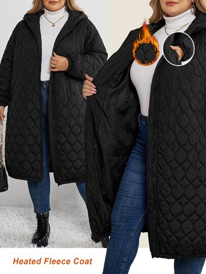 SHEIN CURVE+ Plus Size Women's Long Sleeve Zipper Hooded Casual Elegant Padded Coat, Autumn/Winter Office Teacher Black