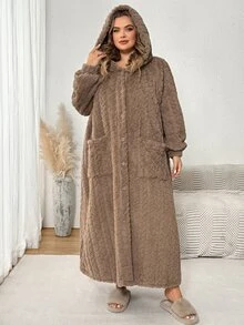 SHEIN CURVE+ رداء نسائي مقاس كبير من الفلانيل مبطن بغطاء رأس، بيجامة شتوية سميكة، مبطنة، مريحة للخريف - بني - مشاهدة 6