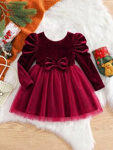 SHEIN Baby Girl Christmas Gigot Sleeve Bow Front Mesh Flare Hem Velvet Dress - Red - View 3