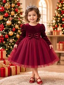SHEIN Baby Girl Christmas Gigot Sleeve Bow Front Mesh Flare Hem Velvet Dress - Red - View 2
