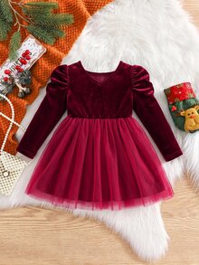 SHEIN Baby Girl Christmas Gigot Sleeve Bow Front Mesh Flare Hem Velvet Dress - Red - View 8