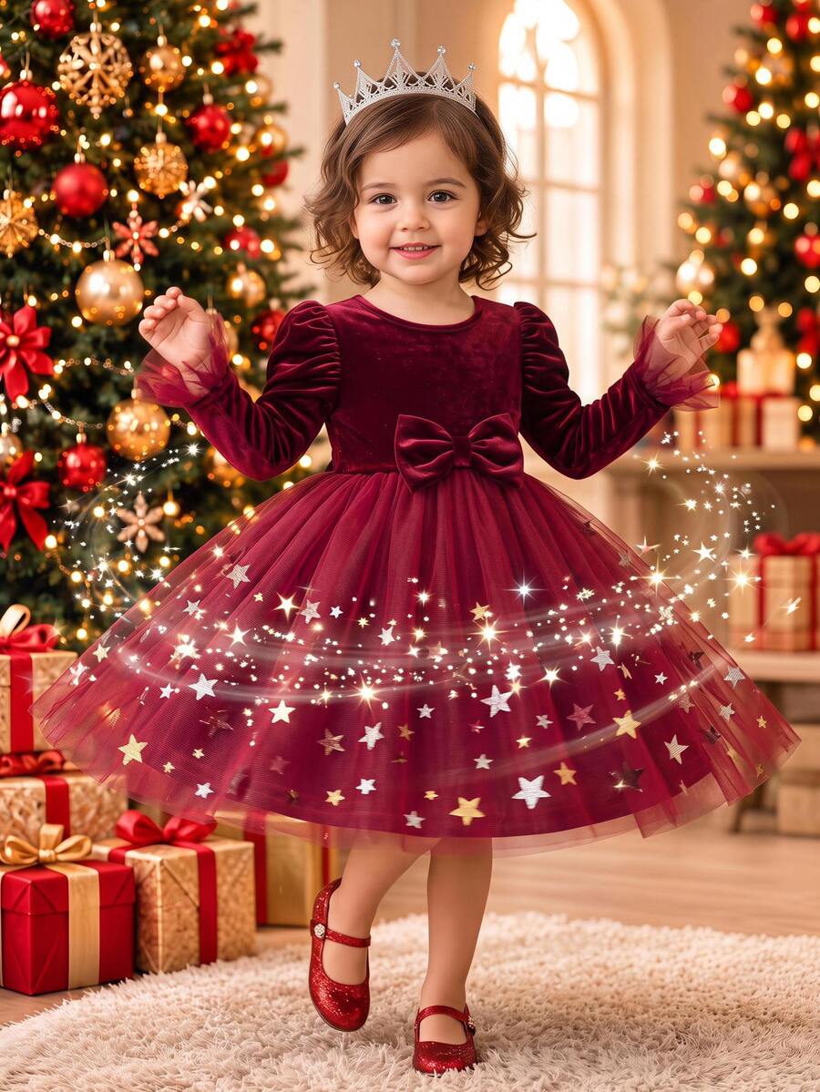 SHEIN Baby Girl Christmas Gigot Sleeve Bow Front Mesh Flare Hem Velvet Dress - Red - View 1