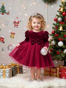 SHEIN Baby Girl Christmas Gigot Sleeve Bow Front Mesh Flare Hem Velvet Dress - Red - View 7