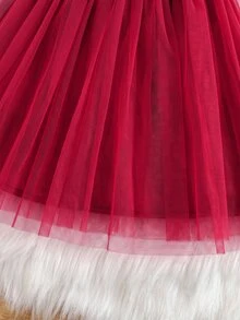 SHEIN Baby Girl Christmas Gigot Sleeve Bow Front Mesh Flare Hem Velvet Dress - Red - View 5