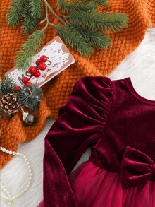 SHEIN Baby Girl Christmas Gigot Sleeve Bow Front Mesh Flare Hem Velvet Dress - Red - View 4