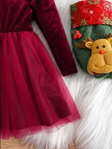 SHEIN Baby Girl Christmas Gigot Sleeve Bow Front Mesh Flare Hem Velvet Dress - Red - View 6
