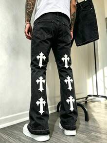 Manfinity Roghcode Men's Fashion Street American Style Cross Print Black Washed Denim Stacked Horseshoe Jeans, Goth - Black - View 1