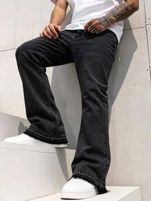 Manfinity Roghcode Men's Fashion Street American Style Cross Print Black Washed Denim Stacked Horseshoe Jeans, Goth - Black - View 4