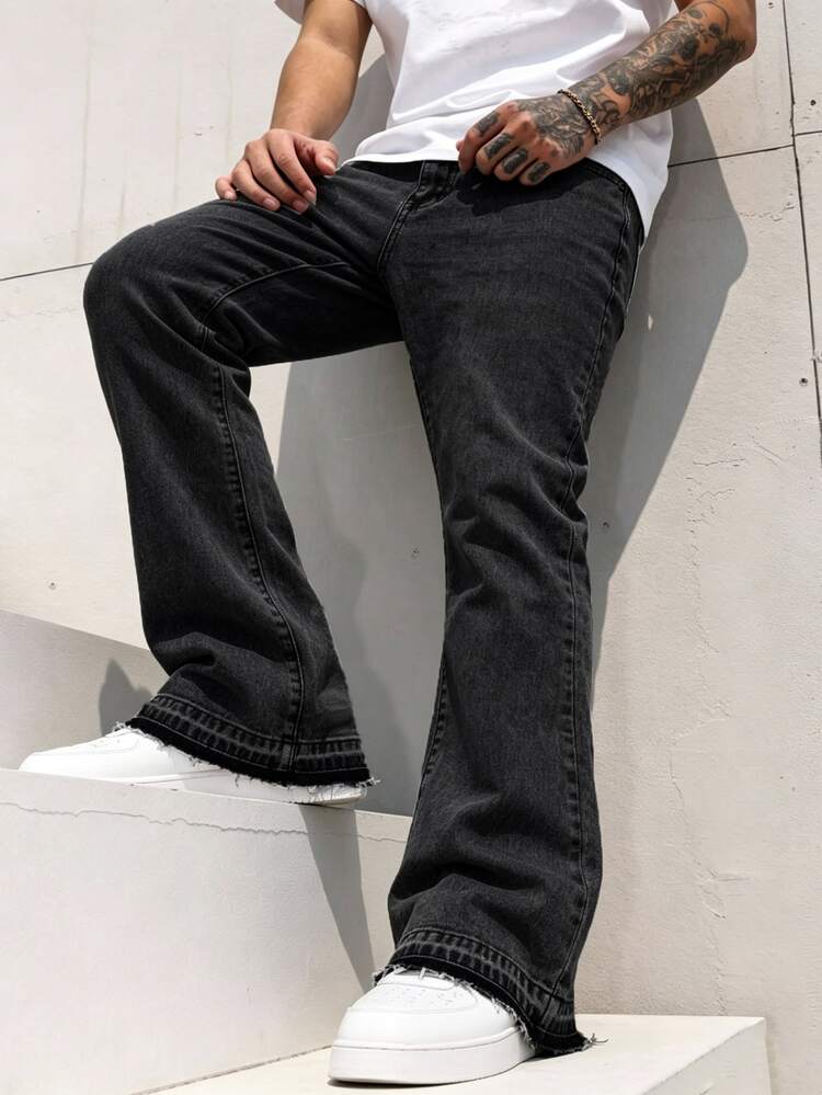 Manfinity Roghcode Pantalones de mezclilla negra lavada con estampado de cruz y herradura apilada, estilo callejero americano para hombre - Negro - Añade 4