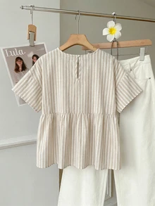 SHEIN EZwear 女款休閒寬鬆短袖條紋襯衫，適合日常通勤、約會、派對、秋冬春夏、聖誕節、新年、感恩節、婚禮、海灘、畢業典禮，時尚優雅休閒，適合外出約會與通勤 - 彩色 - 查看 2