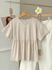 SHEIN EZwear 女款休閒寬鬆短袖條紋襯衫，適合日常通勤、約會、派對、秋冬春夏、聖誕節、新年、感恩節、婚禮、海灘、畢業典禮，時尚優雅休閒，適合外出約會與通勤 - 彩色 - 查看 6