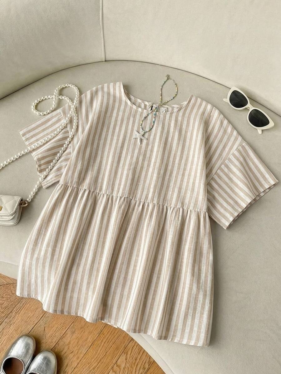 SHEIN EZwear 女款休閒寬鬆短袖條紋襯衫,適合日常通勤、約會、派對、秋冬春夏、聖誕節、新年、感恩節、婚禮、海灘、畢業典禮,時尚優雅休閒,適合外出約會與通勤 - 彩色 - 查看 1