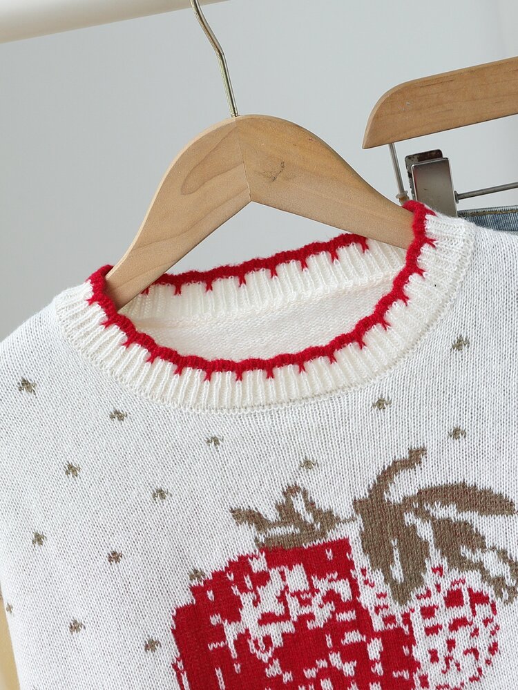 SHEIN Teen Girls Autumn/Winter New Strawberry Jacquard Pattern Knit Sweater Long Sleeve Loose Fit College Style Knit Top Pullover - Beige - View 4