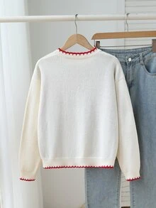 SHEIN 青少年女孩秋冬新款草莓提花針織毛衣長袖寬鬆學院風針織上衣套頭衫 - 米色 - 查看 3