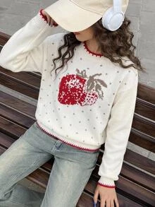 SHEIN 青少年女孩秋冬新款草莓提花針織毛衣長袖寬鬆學院風針織上衣套頭衫 - 米色 - 查看 8