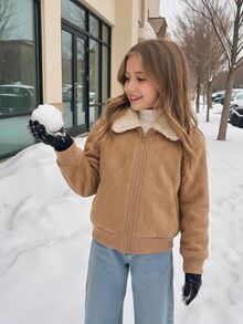 SHEIN 女童秋季風格抓絨領拉鍊外套，聖誕麂皮質感羊羔絨內裡保暖長袖秋冬外套 - 卡其色 - 查看 4