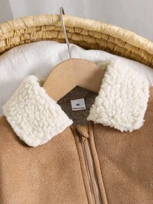 SHEIN 女童秋季風格抓絨領拉鍊外套，聖誕麂皮質感羊羔絨內裡保暖長袖秋冬外套 - 卡其色 - 查看 5
