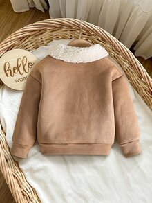 SHEIN 女童秋季風格抓絨領拉鍊外套，聖誕麂皮質感羊羔絨內裡保暖長袖秋冬外套 - 卡其色 - 查看 2