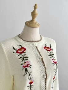 Elamini Women's Casual Versatile Embroidered Vintage Contrast Trim Daily Commute Autumn/Winter Cardigan Sweater - Apricot - View 5