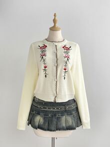 Elamini Women's Casual Versatile Embroidered Vintage Contrast Trim Daily Commute Autumn/Winter Cardigan Sweater - Apricot - View 4