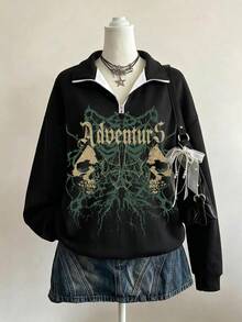 SHEIN EZwear Vintage Dark Street Style Printed Pattern Black Print Stand Collar Zipper Women's Sweatshirt - Multicolor - View 5