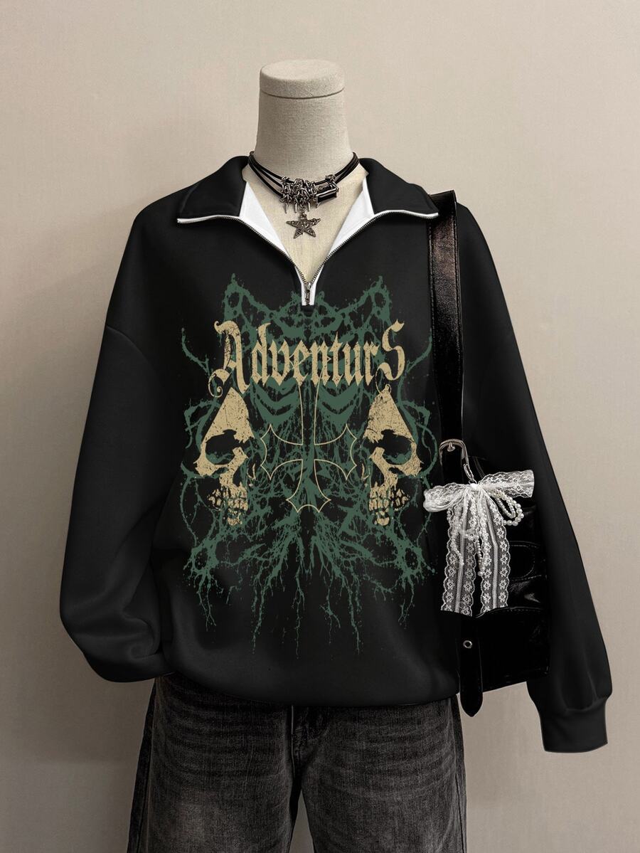 SHEIN EZwear Vintage Dark Street Style Printed Pattern Black Print Stand Collar Zipper Women's Sweatshirt - Multicolor - View 1