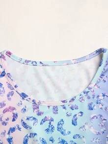 SHEIN 兒童青少年女孩多色豹紋長袖高領拉鍊上衣內搭背心短褲3件套 - 藍色 - 查看 9