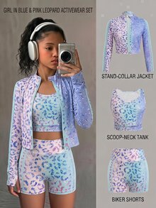 SHEIN 兒童青少年女孩多色豹紋長袖高領拉鍊上衣內搭背心短褲3件套 - 藍色 - 查看 15