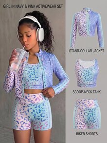 SHEIN 兒童青少年女孩多色豹紋長袖高領拉鍊上衣內搭背心短褲3件套 - 藍色 - 查看 16