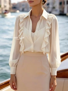 SHEIN PariChic Women's French Elegant Ruffle Patchwork Design Lapel Petal Sleeve Versatile Light Apricot Soft Commute Blouse - Apricot - View 1