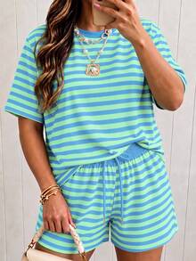 Selamara Striped Short-Sleeve And Shorts Set For Women, Summer Loose Casual Round-Neck T-Shirt With Drawstring Shorts, Two Pieces Set For Home Or Going Out, Ver - Multicolor - View 4