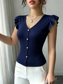 Elenzga 女款V領短袖素色T恤休閒日常款 - 藏蓝色 - 查看 4