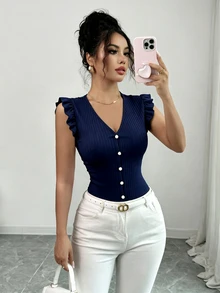 Elenzga 女款V領短袖素色T恤休閒日常款 - 藏蓝色 - 查看 3