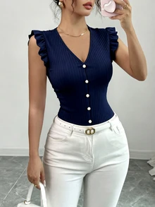 Elenzga 女款V領短袖素色T恤休閒日常款 - 藏蓝色 - 查看 5