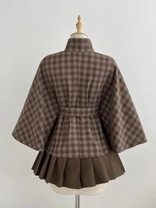 Elamini Women's Regular Short Wool Cape Coat With Belt - Brown - View 2