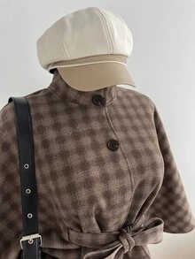 Elamini Women's Regular Short Wool Cape Coat With Belt - Brown - View 6