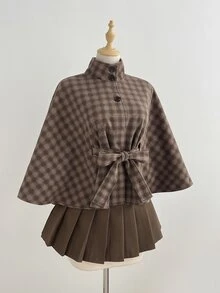 Elamini Women's Regular Short Wool Cape Coat With Belt - Brown - View 5