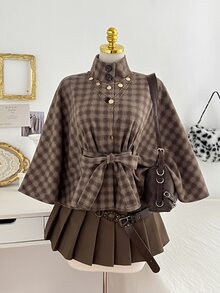Elamini Women's Regular Short Wool Cape Coat With Belt - Brown - View 4