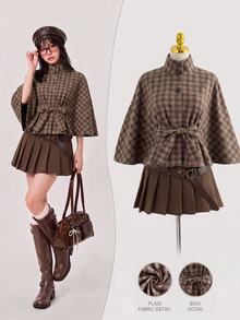 Elamini Women's Regular Short Wool Cape Coat With Belt - Brown - View 1