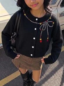 SHEIN Tween女孩時尚休閒甜美星星圖案針織開襟衫 秋冬款 - 黑色 - 查看 9
