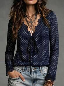 Trelyra Women's Polka Dot Pattern Contrast Lace Front Tie Long Sleeve Top - Multicolor - View 1