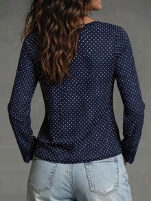 Trelyra Women's Polka Dot Pattern Contrast Lace Front Tie Long Sleeve Top - Multicolor - View 2