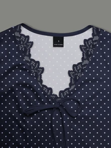Trelyra Women's Polka Dot Pattern Contrast Lace Front Tie Long Sleeve Top - Multicolor - View 3